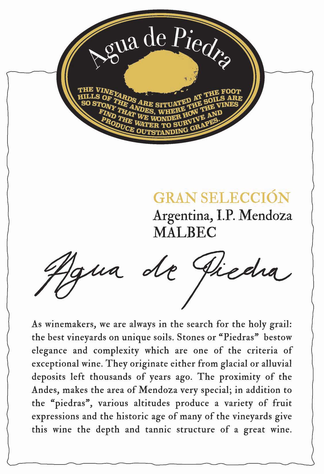 Agua de Piedra - Gran Seleccion - Malbec label